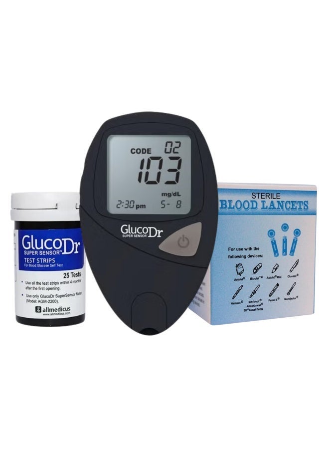 Gluco Dr GlucoDr Super Sensor Blood Glucose Meter + 25 Strips + 100 Sterile Blood Lancets - Image 1